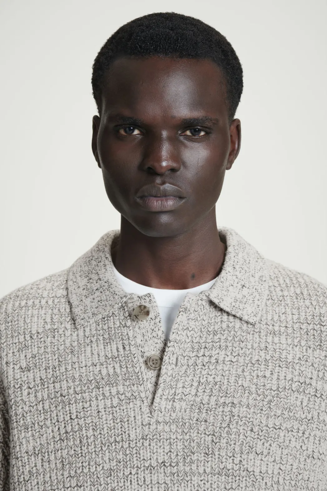 New COS TWISTED-YARN WOOL POLO SWEATER GRAY MÉLANGE