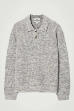 New COS TWISTED-YARN WOOL POLO SWEATER GRAY MÉLANGE