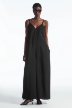 Discount COS V-NECK WIDE-LEG JUMPSUIT BLACK