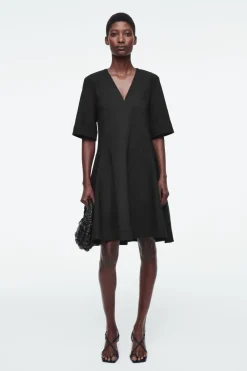 New COS VOLUMINOUS V-NECK MINI DRESS BLACK