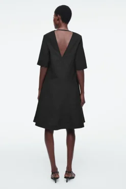 New COS VOLUMINOUS V-NECK MINI DRESS BLACK