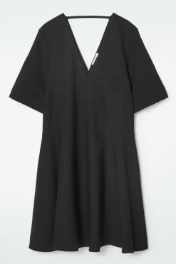New COS VOLUMINOUS V-NECK MINI DRESS BLACK
