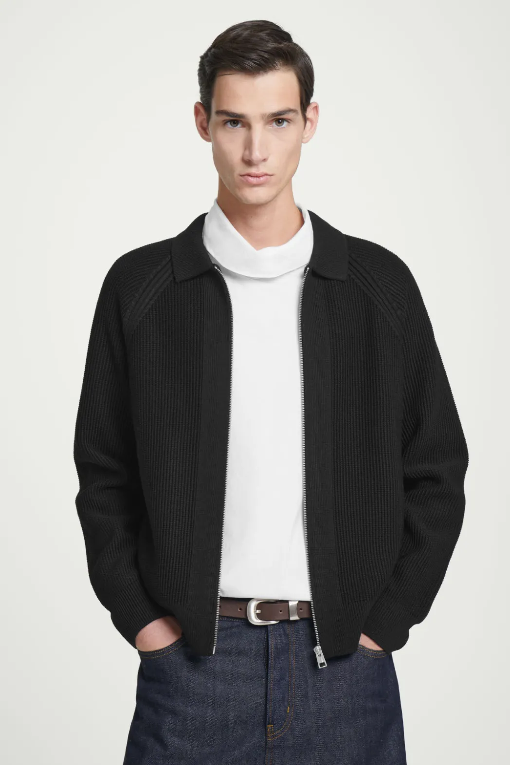 Outlet COS WAFFLE-KNIT MERINO WOOL BOMBER JAKCET BLACK
