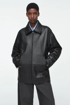 New COS WAISTED LEATHER TRUCKER JACKET BLACK