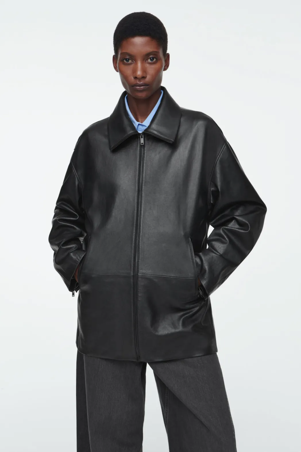 New COS WAISTED LEATHER TRUCKER JACKET BLACK