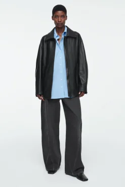 New COS WAISTED LEATHER TRUCKER JACKET BLACK