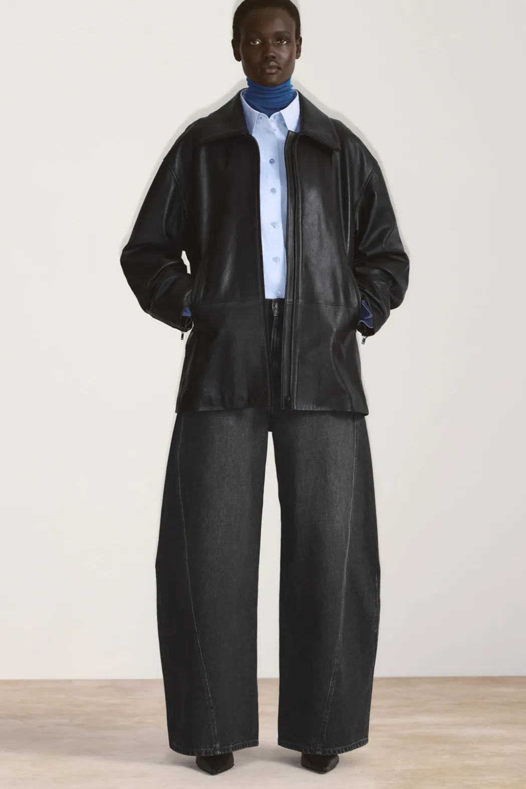 New COS WAISTED LEATHER TRUCKER JACKET BLACK