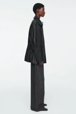New COS WAISTED LEATHER TRUCKER JACKET BLACK