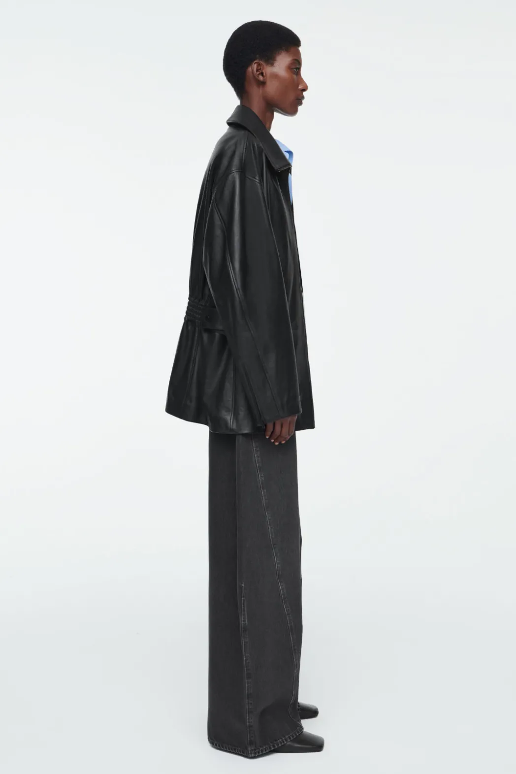 New COS WAISTED LEATHER TRUCKER JACKET BLACK