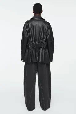 New COS WAISTED LEATHER TRUCKER JACKET BLACK