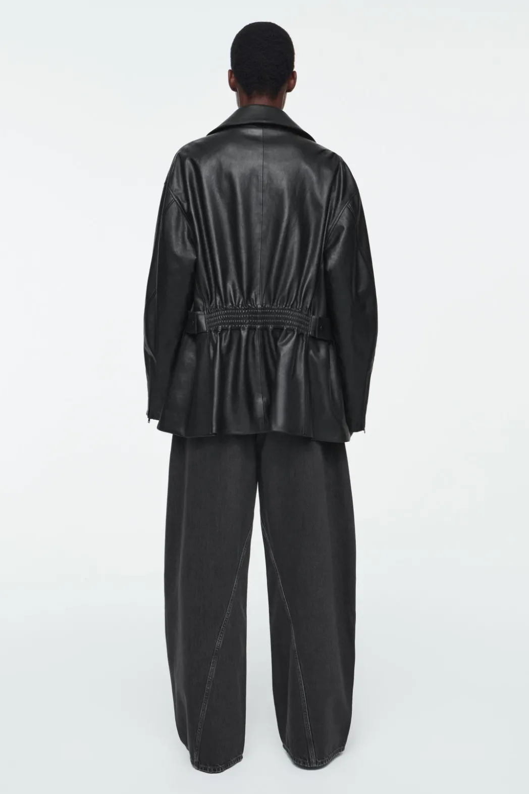 New COS WAISTED LEATHER TRUCKER JACKET BLACK
