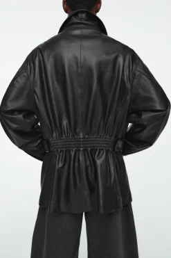 New COS WAISTED LEATHER TRUCKER JACKET BLACK