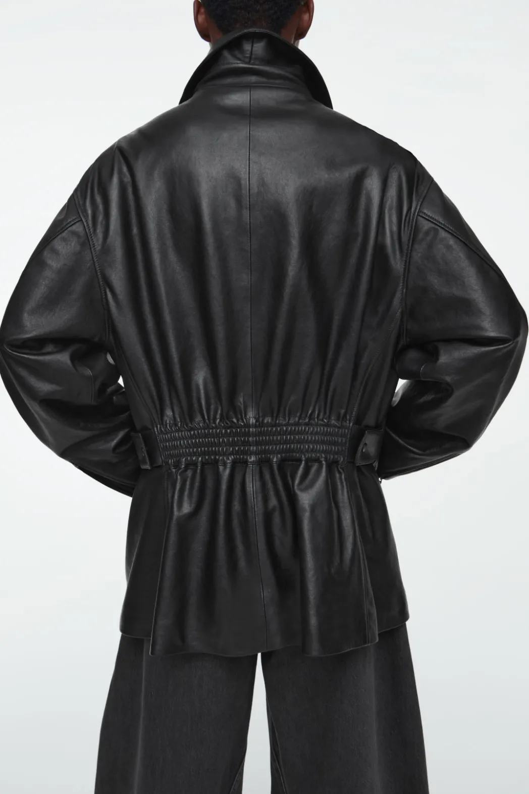 New COS WAISTED LEATHER TRUCKER JACKET BLACK
