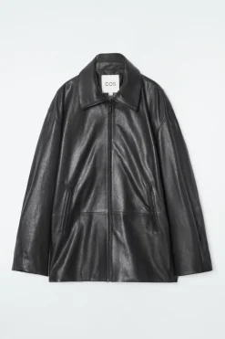 New COS WAISTED LEATHER TRUCKER JACKET BLACK