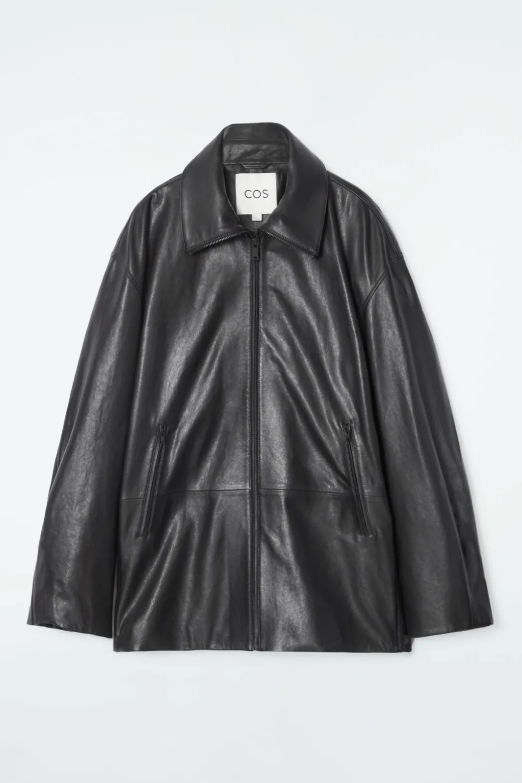 New COS WAISTED LEATHER TRUCKER JACKET BLACK