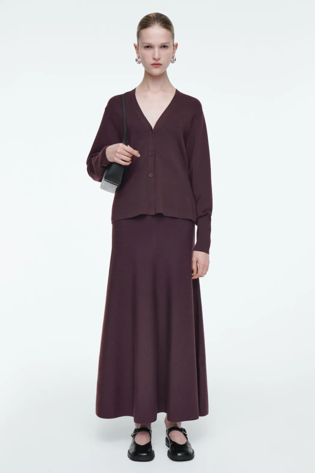 Sale COS WAISTED WOOL V-NECK CARDIGAN BORDEAUX RED