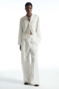 COS WIDE-LEG LINEN DRAWSTRING PANTS WHITE