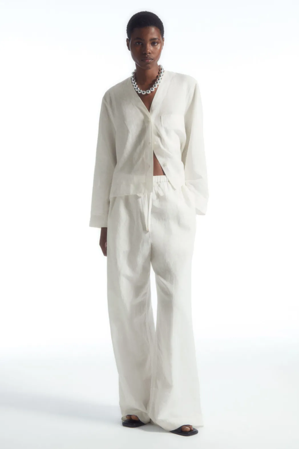 COS WIDE-LEG LINEN DRAWSTRING PANTS WHITE