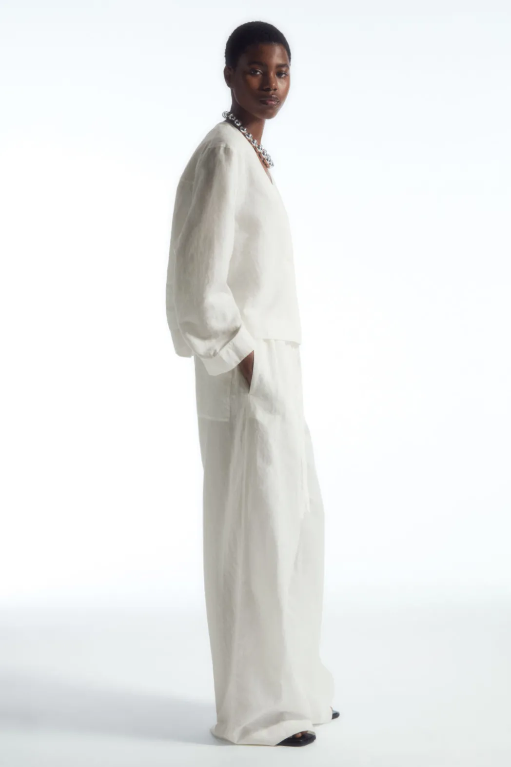 COS WIDE-LEG LINEN DRAWSTRING PANTS WHITE