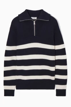 COS WOOL AND COTTON-BLEND HALF-ZIP SWEATER NAVY