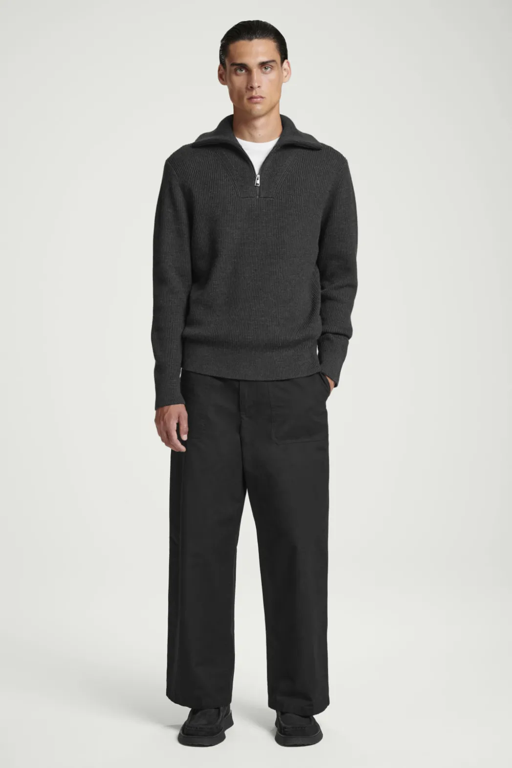 Online COS WOOL AND COTTON-BLEND HALF-ZIP SWEATER DARK GRAY