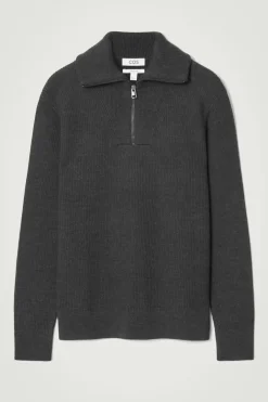 Online COS WOOL AND COTTON-BLEND HALF-ZIP SWEATER DARK GRAY