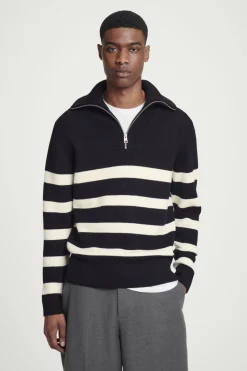 Discount COS WOOL AND COTTON-BLEND HALF-ZIP SWEATER BLACK / CREAM / STRIPED