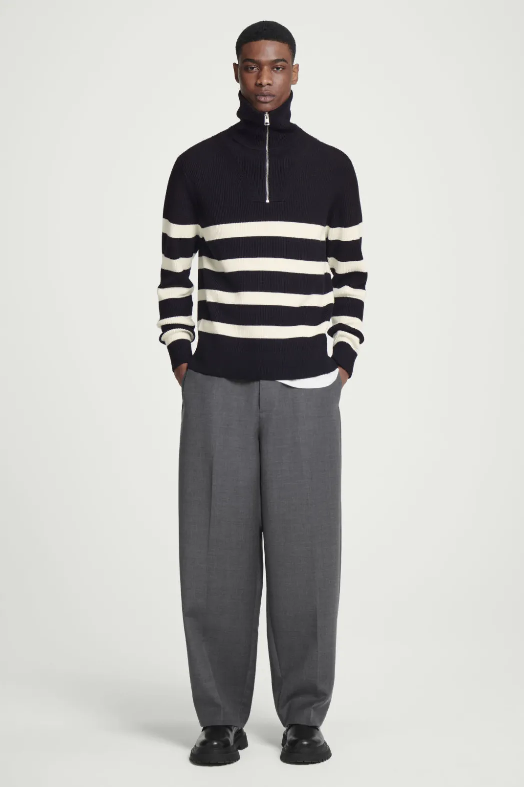 Discount COS WOOL AND COTTON-BLEND HALF-ZIP SWEATER BLACK / CREAM / STRIPED