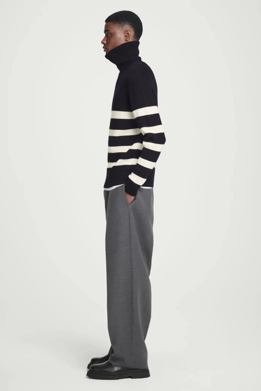 Discount COS WOOL AND COTTON-BLEND HALF-ZIP SWEATER BLACK / CREAM / STRIPED