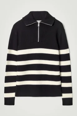 Discount COS WOOL AND COTTON-BLEND HALF-ZIP SWEATER BLACK / CREAM / STRIPED
