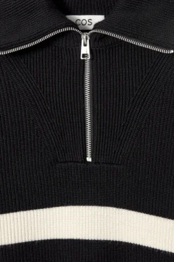 Discount COS WOOL AND COTTON-BLEND HALF-ZIP SWEATER BLACK / CREAM / STRIPED
