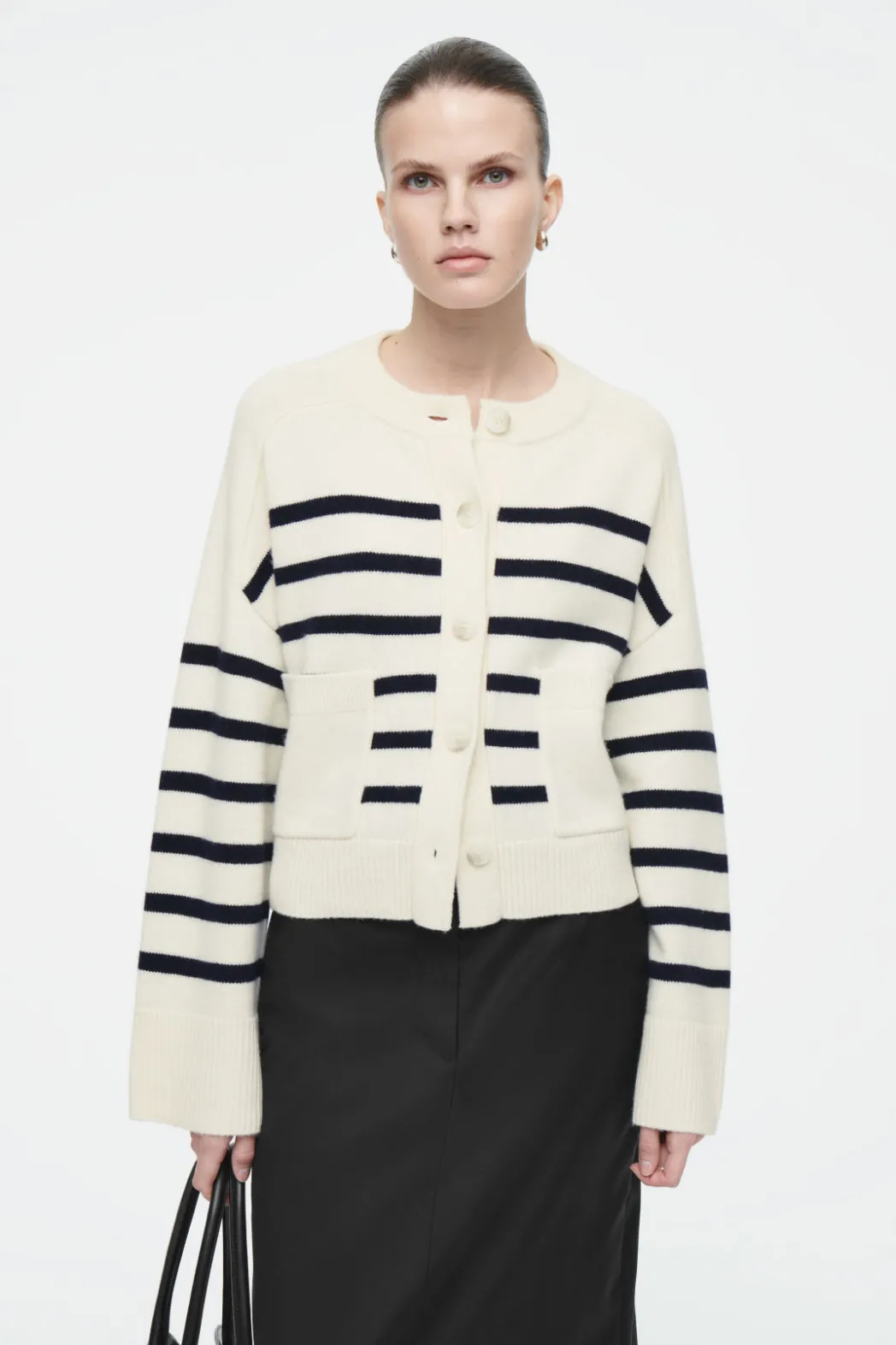 Outlet COS WOOL CREW-NECK CARDIGAN WHITE / STRIPED
