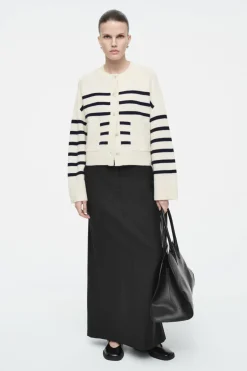 Outlet COS WOOL CREW-NECK CARDIGAN WHITE / STRIPED