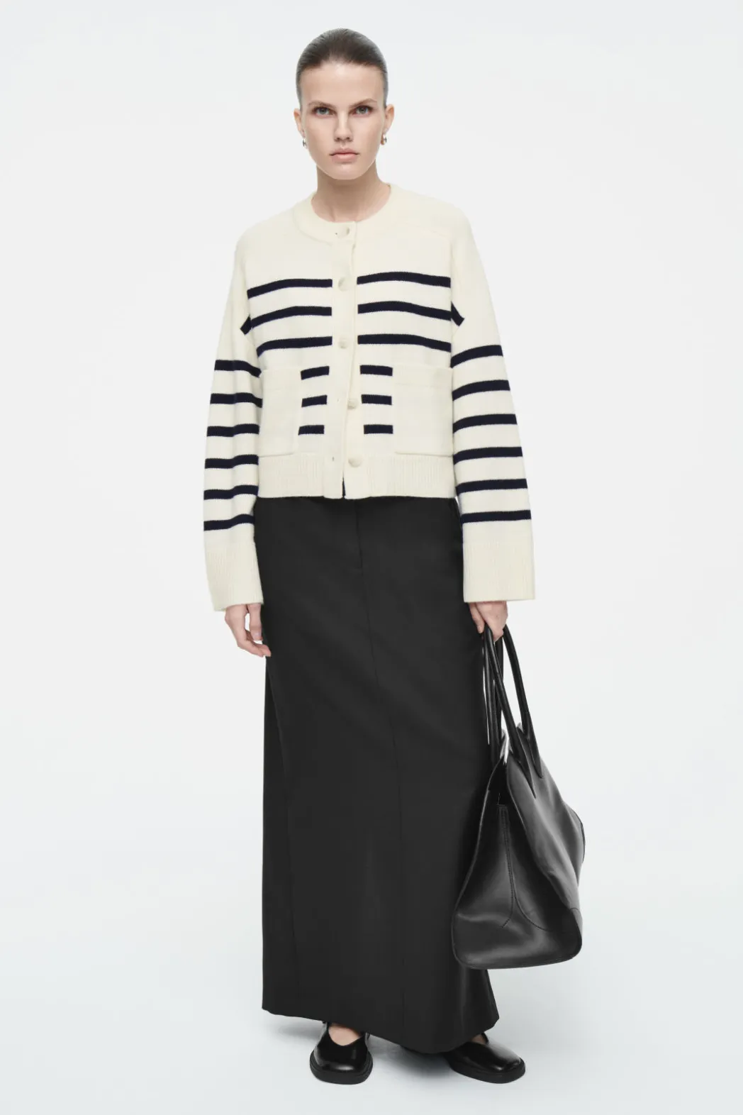 Outlet COS WOOL CREW-NECK CARDIGAN WHITE / STRIPED