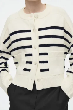 Outlet COS WOOL CREW-NECK CARDIGAN WHITE / STRIPED