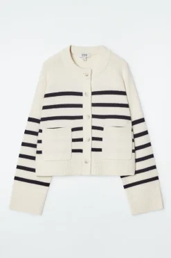Outlet COS WOOL CREW-NECK CARDIGAN WHITE / STRIPED