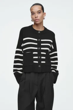 Discount COS WOOL CREW-NECK CARDIGAN BLACK / STRIPED
