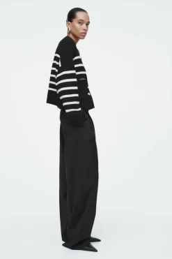 Discount COS WOOL CREW-NECK CARDIGAN BLACK / STRIPED