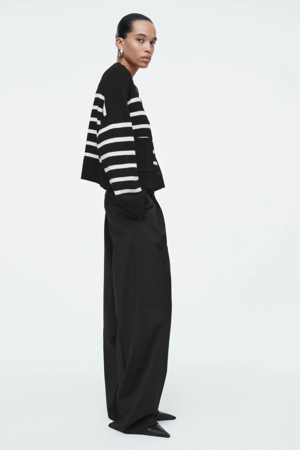 Discount COS WOOL CREW-NECK CARDIGAN BLACK / STRIPED