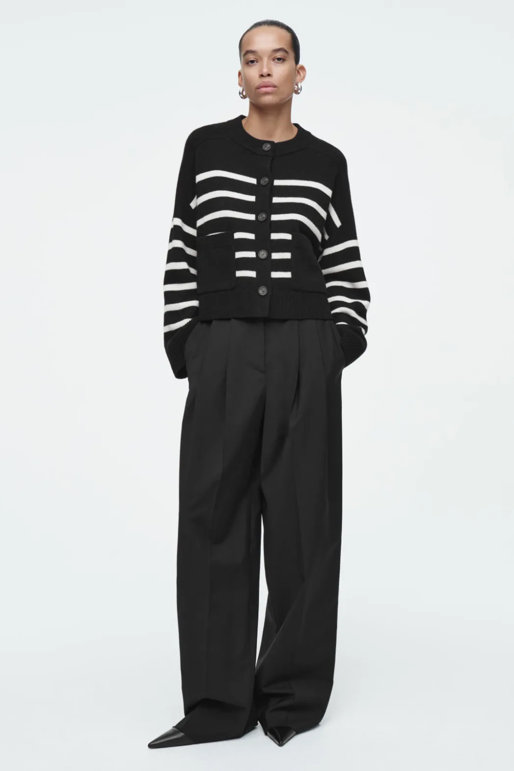 Discount COS WOOL CREW-NECK CARDIGAN BLACK / STRIPED
