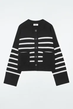 Discount COS WOOL CREW-NECK CARDIGAN BLACK / STRIPED