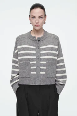 New COS WOOL CREW-NECK CARDIGAN GRAY / STRIPED