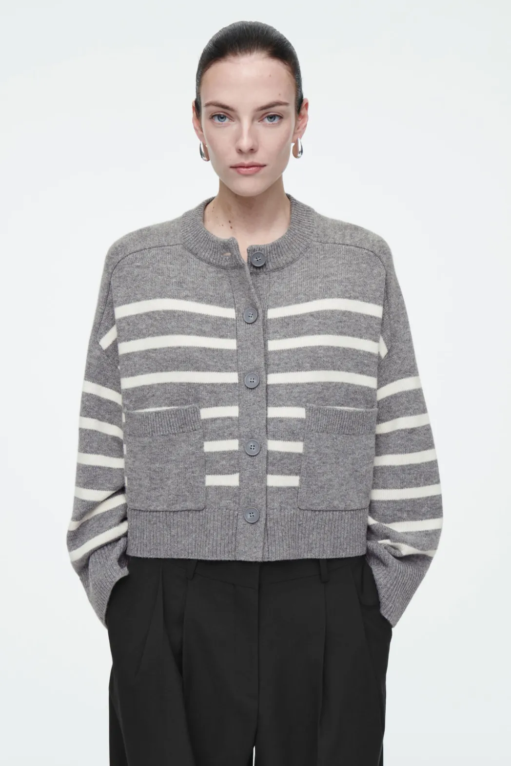 New COS WOOL CREW-NECK CARDIGAN GRAY / STRIPED