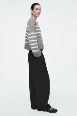 New COS WOOL CREW-NECK CARDIGAN GRAY / STRIPED