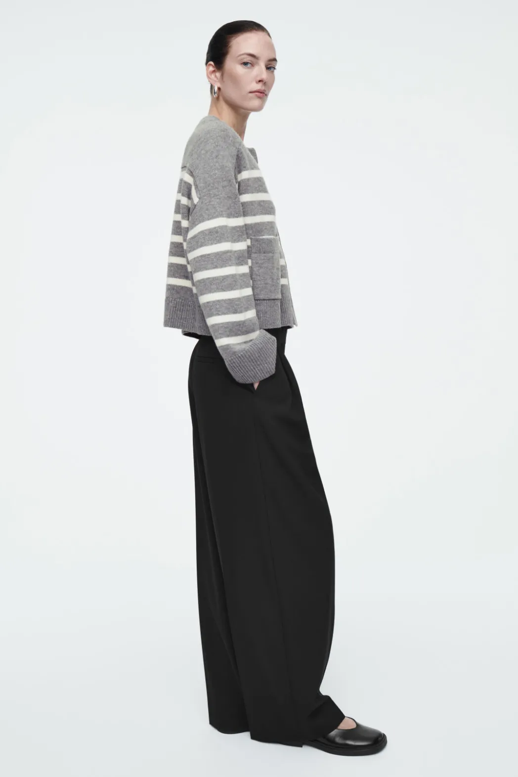 New COS WOOL CREW-NECK CARDIGAN GRAY / STRIPED