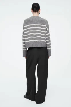 New COS WOOL CREW-NECK CARDIGAN GRAY / STRIPED