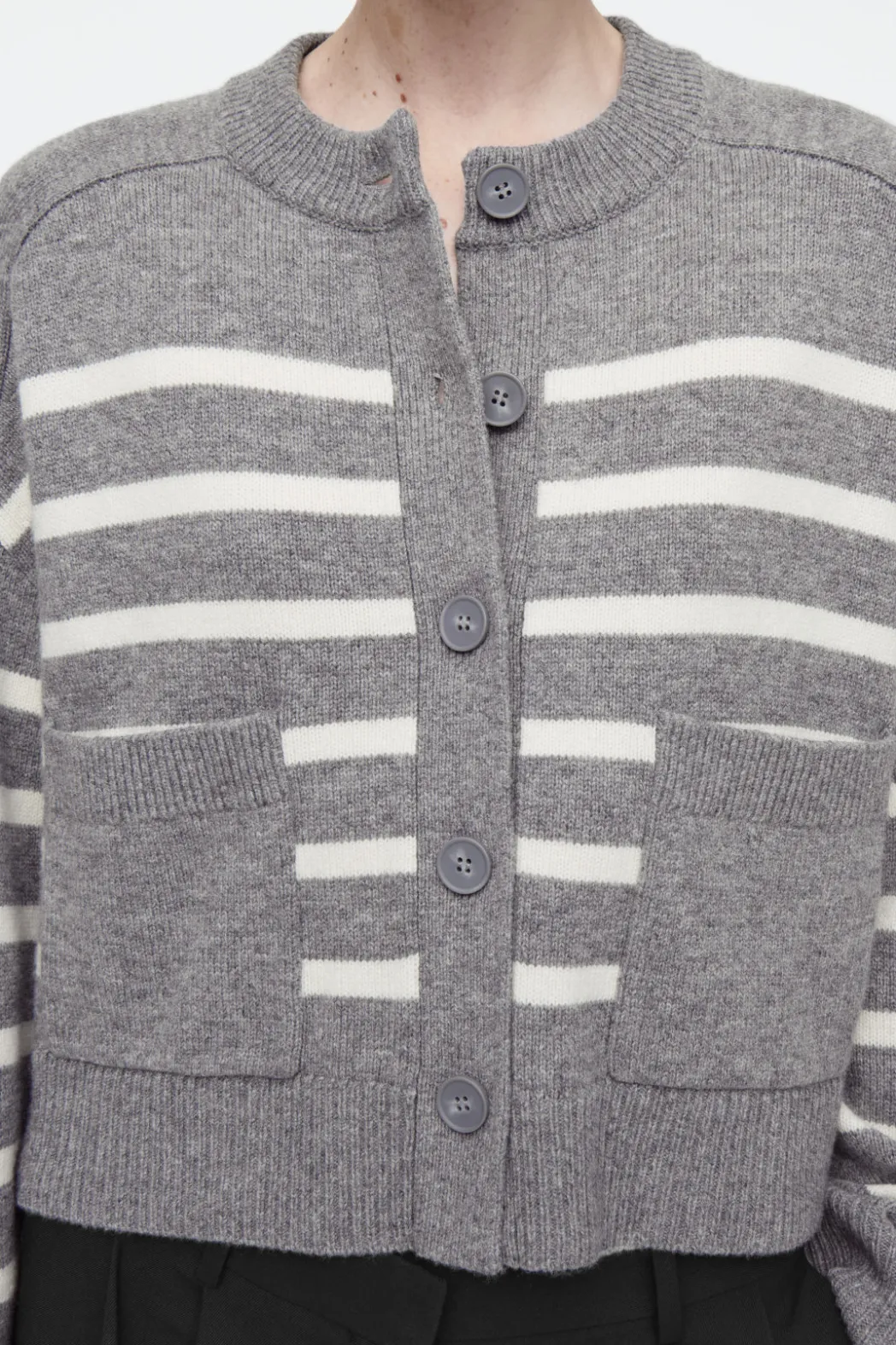 New COS WOOL CREW-NECK CARDIGAN GRAY / STRIPED