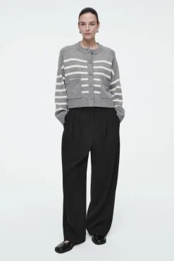 New COS WOOL CREW-NECK CARDIGAN GRAY / STRIPED