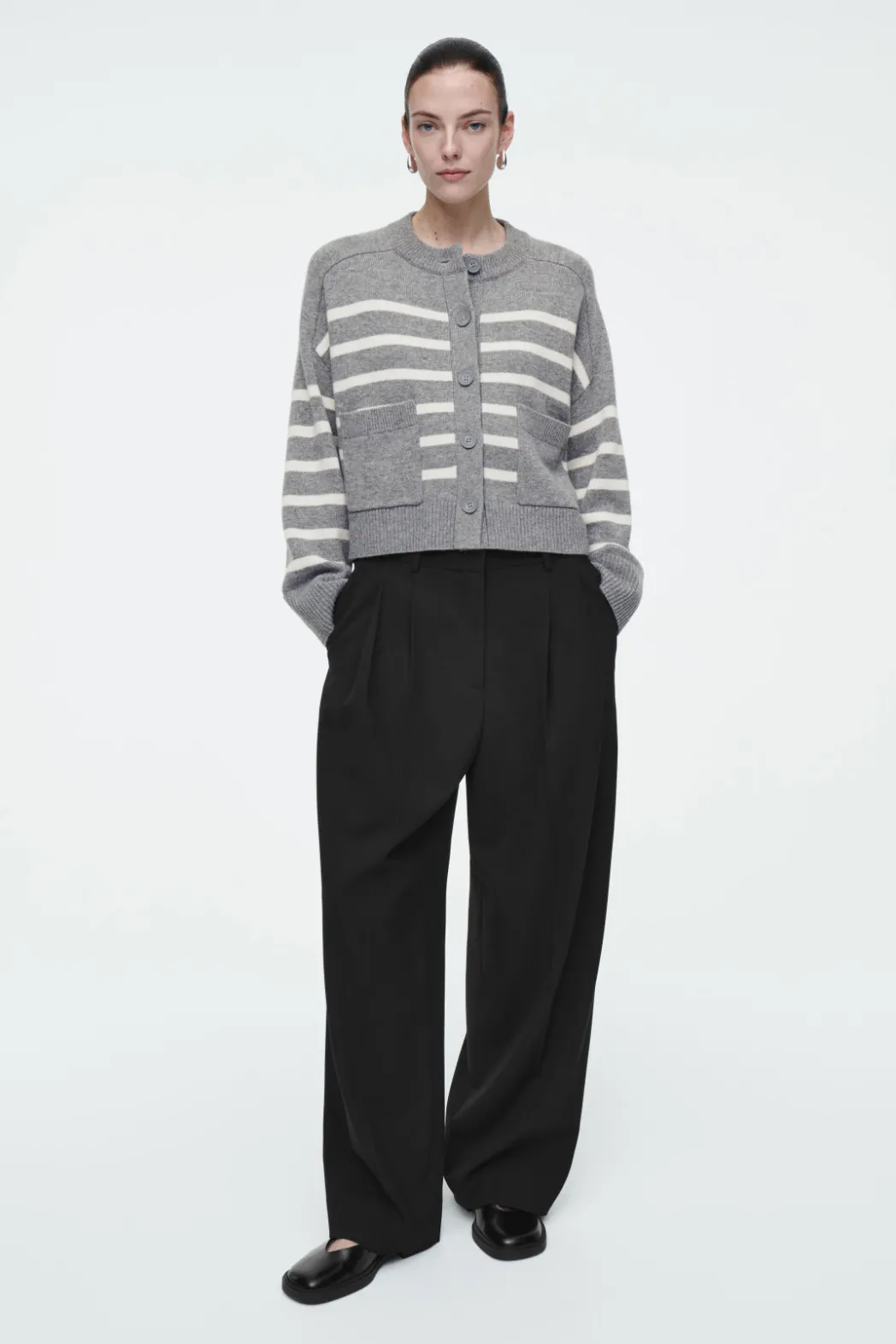 New COS WOOL CREW-NECK CARDIGAN GRAY / STRIPED