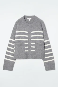 New COS WOOL CREW-NECK CARDIGAN GRAY / STRIPED